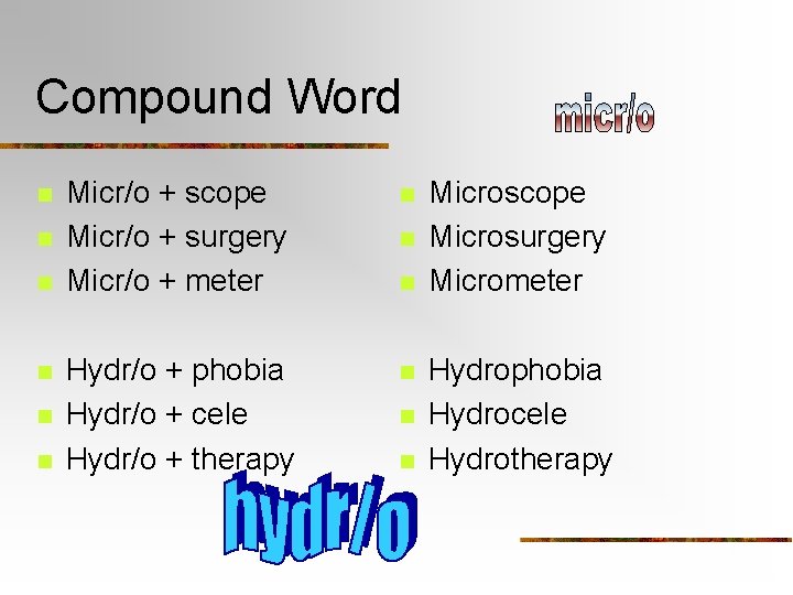 Compound Word n n n Micr/o + scope Micr/o + surgery Micr/o + meter