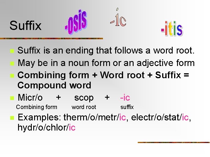 Suffix n n Suffix is an ending that follows a word root. May be
