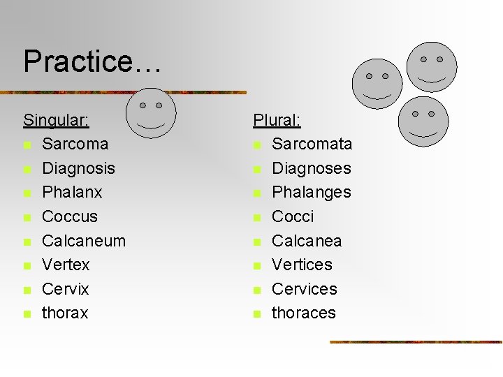 Practice… Singular: n Sarcoma n Diagnosis n Phalanx n Coccus n Calcaneum n Vertex