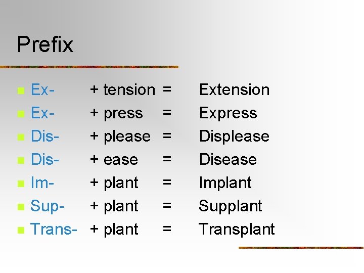 Prefix n n n n Ex. Dis. Im. Sup. Trans- + tension + press