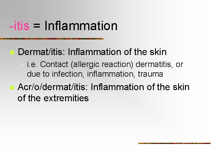 -itis = Inflammation n Dermat/itis: Inflammation of the skin n n i. e. Contact