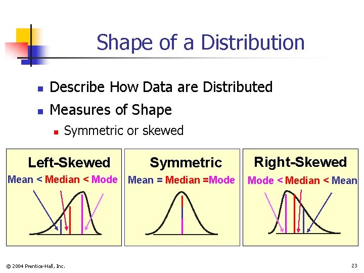 Shape of a Distribution n Describe How Data are Distributed n Measures of Shape