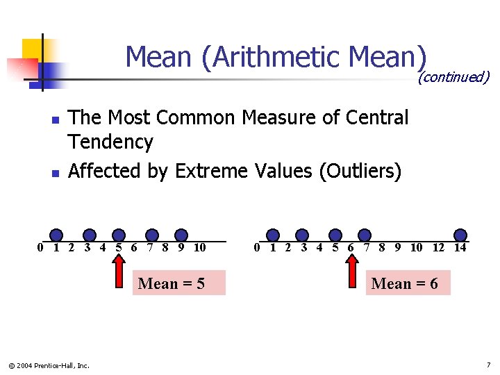 Mean (Arithmetic Mean) (continued) n n The Most Common Measure of Central Tendency Affected