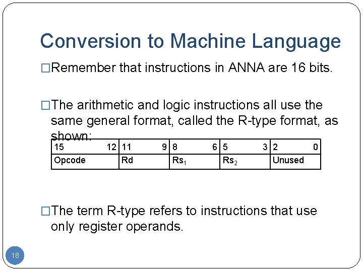 Conversion to Machine Language �Remember that instructions in ANNA are 16 bits. �The arithmetic