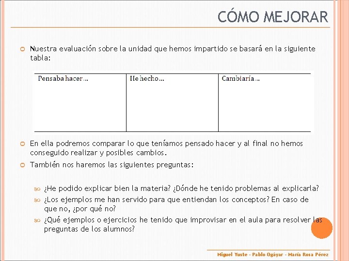 CÓMO MEJORAR Nuestra evaluación sobre la unidad que hemos impartido se basará en la