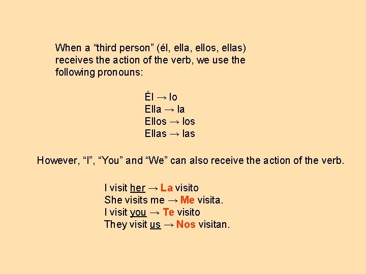 When a “third person” (él, ella, ellos, ellas) receives the action of the verb,