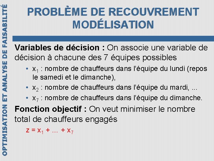 OPTIMISATION ET ANALYSE DE FAISABILITÉ PROBLÈME DE RECOUVREMENT MODÉLISATION Variables de décision : On