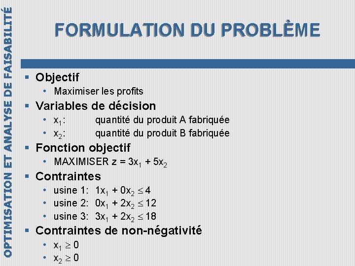 OPTIMISATION ET ANALYSE DE FAISABILITÉ FORMULATION DU PROBLÈME § Objectif • Maximiser les profits