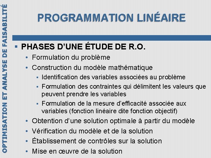 OPTIMISATION ET ANALYSE DE FAISABILITÉ PROGRAMMATION LINÉAIRE § PHASES D’UNE ÉTUDE DE R. O.