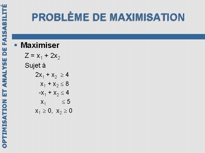 OPTIMISATION ET ANALYSE DE FAISABILITÉ PROBLÈME DE MAXIMISATION § Maximiser Z = x 1