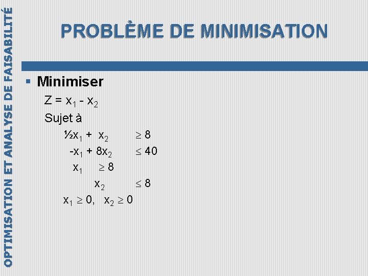 OPTIMISATION ET ANALYSE DE FAISABILITÉ PROBLÈME DE MINIMISATION § Minimiser Z = x 1