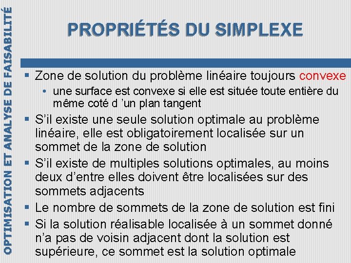 OPTIMISATION ET ANALYSE DE FAISABILITÉ PROPRIÉTÉS DU SIMPLEXE § Zone de solution du problème