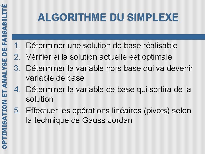 OPTIMISATION ET ANALYSE DE FAISABILITÉ ALGORITHME DU SIMPLEXE 1. Déterminer une solution de base