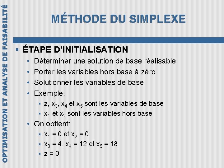 OPTIMISATION ET ANALYSE DE FAISABILITÉ MÉTHODE DU SIMPLEXE § ÉTAPE D’INITIALISATION • • Déterminer