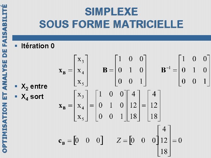 OPTIMISATION ET ANALYSE DE FAISABILITÉ SIMPLEXE SOUS FORME MATRICIELLE § Itération 0 § X