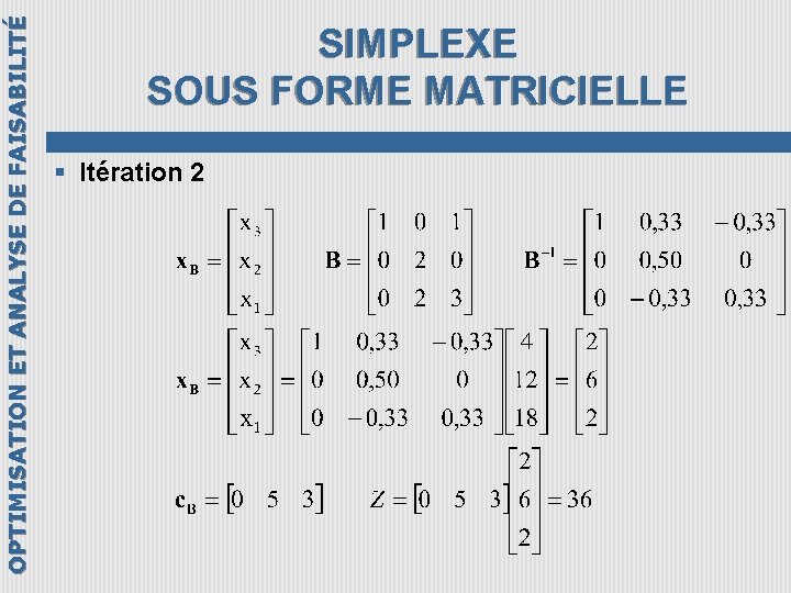 OPTIMISATION ET ANALYSE DE FAISABILITÉ SIMPLEXE SOUS FORME MATRICIELLE § Itération 2 