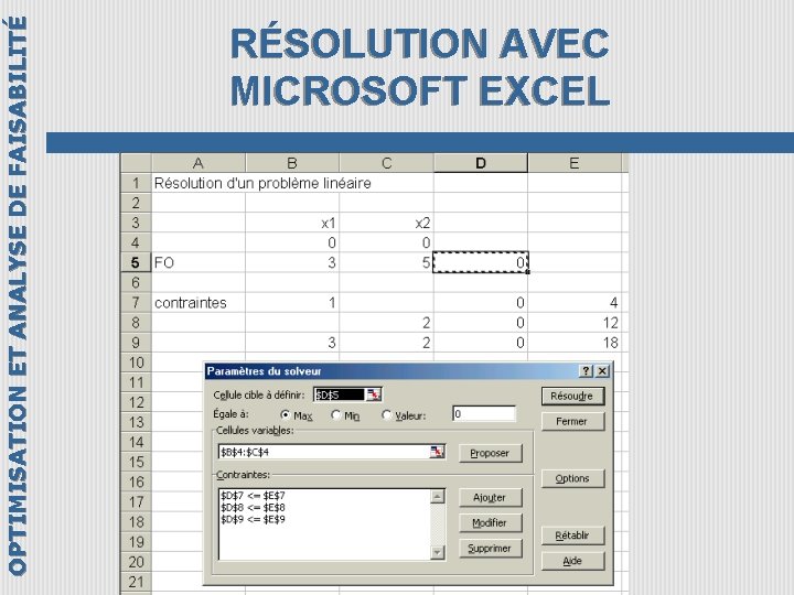 OPTIMISATION ET ANALYSE DE FAISABILITÉ RÉSOLUTION AVEC MICROSOFT EXCEL 