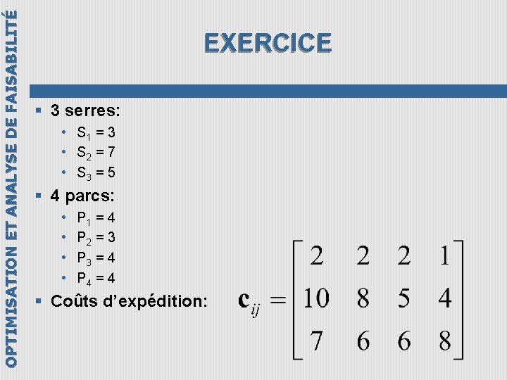 OPTIMISATION ET ANALYSE DE FAISABILITÉ EXERCICE § 3 serres: • S 1 = 3