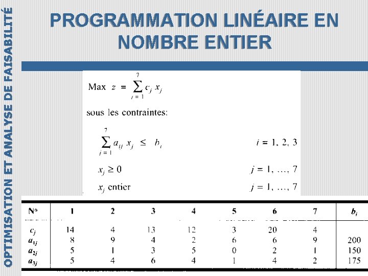 OPTIMISATION ET ANALYSE DE FAISABILITÉ PROGRAMMATION LINÉAIRE EN NOMBRE ENTIER 