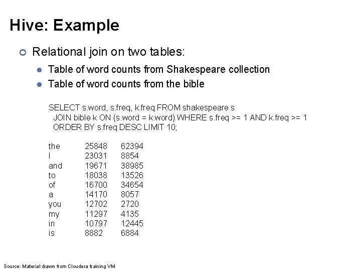 Hive: Example ¢ Relational join on two tables: l l Table of word counts