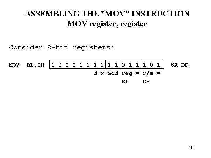 ASSEMBLING THE ”MOV" INSTRUCTION MOV register, register Consider 8 -bit registers: MOV BL, CH