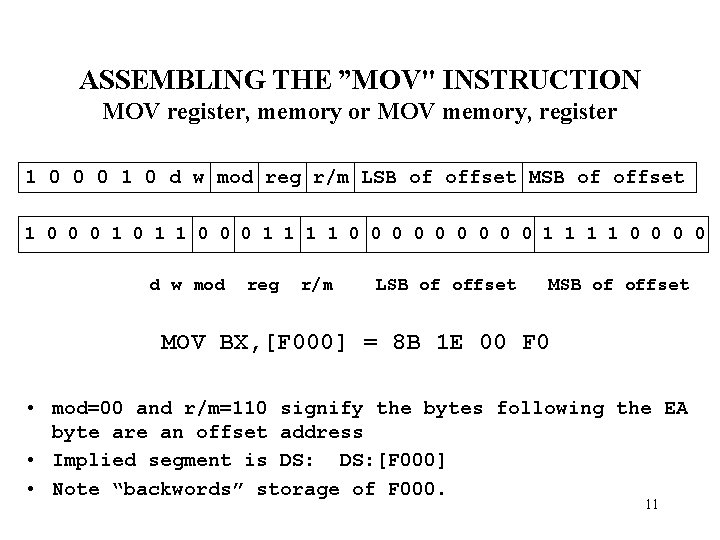 ASSEMBLING THE ”MOV" INSTRUCTION MOV register, memory or MOV memory, register 1 0 0