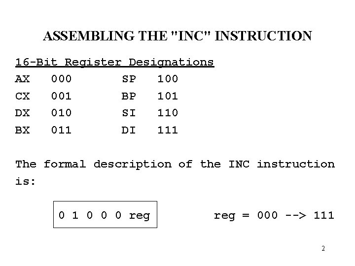 ASSEMBLING THE "INC" INSTRUCTION 16 -Bit Register Designations AX 000 SP 100 CX 001