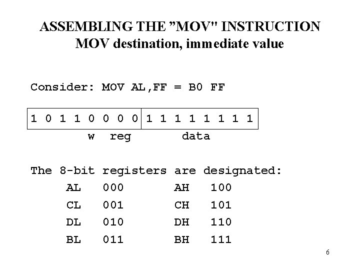ASSEMBLING THE ”MOV" INSTRUCTION MOV destination, immediate value Consider: MOV AL, FF = B