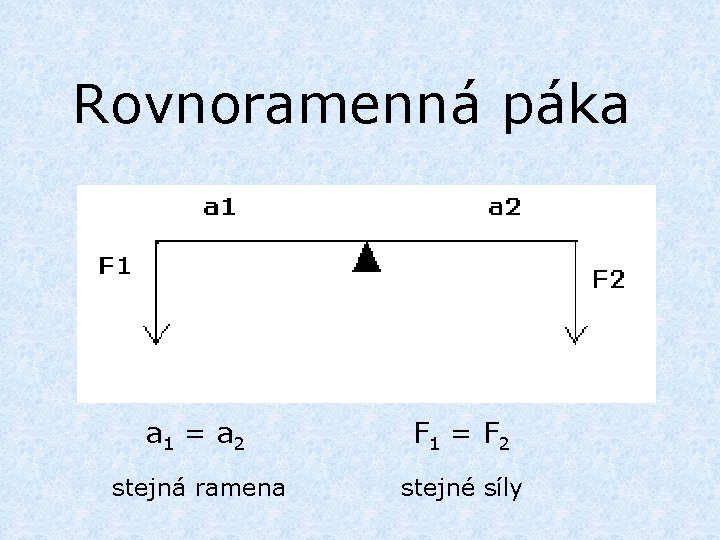 Rovnoramenná páka a 1 = a 2 F 1 = F 2 stejná ramena