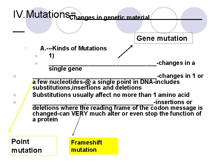 IV. Mutations=___________ Changes in genetic material __ Gene mutation ¡ l l l A.