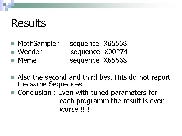 Results n n n Motif. Sampler Weeder Meme sequence X 65568 sequence X 00274