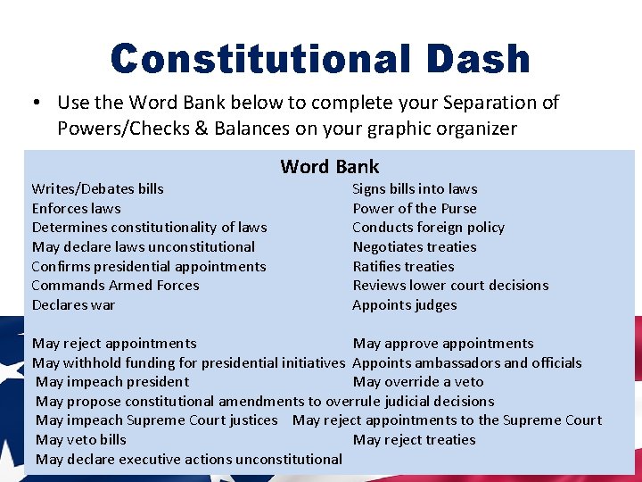 Constitutional Dash • Use the Word Bank below to complete your Separation of Powers/Checks