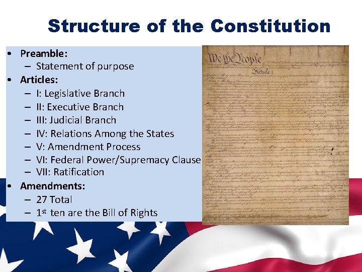 Structure of the Constitution • Preamble: – Statement of purpose • Articles: – I: