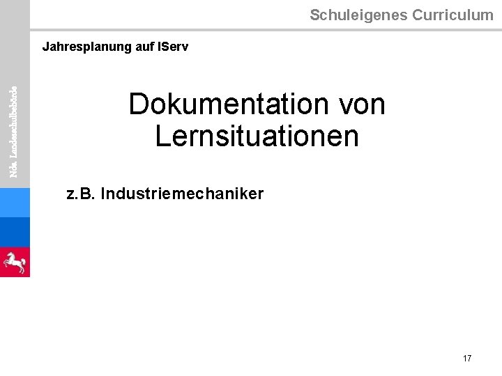 Schuleigenes Curriculum Nds. Landesschulbehörde Jahresplanung auf IServ Dokumentation von Lernsituationen z. B. Industriemechaniker 17