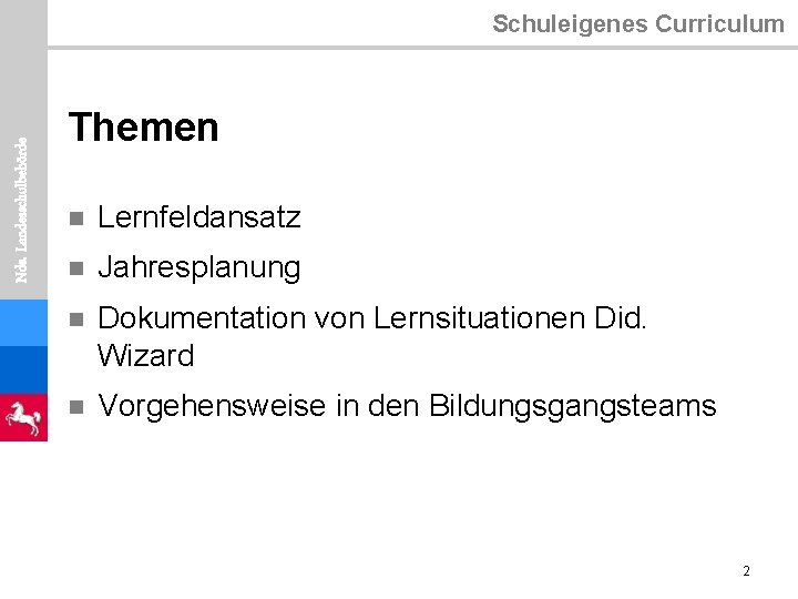 Nds. Landesschulbehörde Schuleigenes Curriculum Themen n Lernfeldansatz n Jahresplanung n Dokumentation von Lernsituationen Did.
