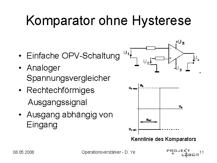 Komparator ohne Hysterese • Einfache OPV-Schaltung • Analoger Spannungsvergleicher • Rechtechförmiges Ausgangssignal • Ausgang