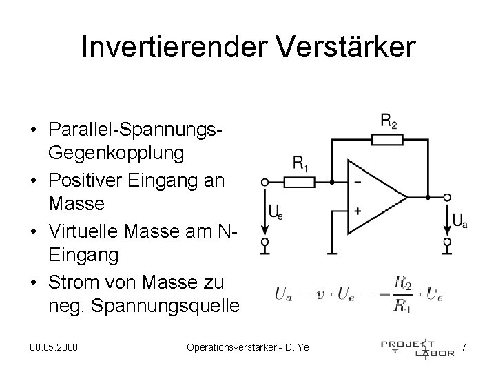 Invertierender Verstärker • Parallel-Spannungs. Gegenkopplung • Positiver Eingang an Masse • Virtuelle Masse am
