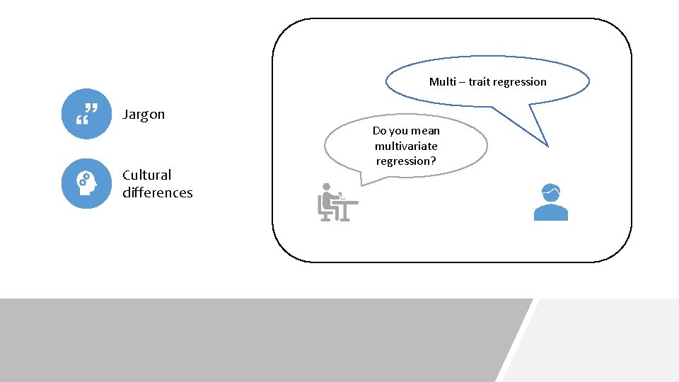 Multi – trait regression Jargon Cultural differences Do you mean multivariate regression? 