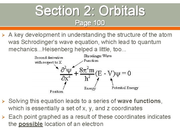 Section 2: Orbitals Page 100 Ø A key development in understanding the structure of