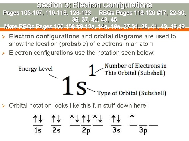 Section 3: Electron Configurations Pages 105 -107, 110 -116, 128 -133 RBQs Pages 118