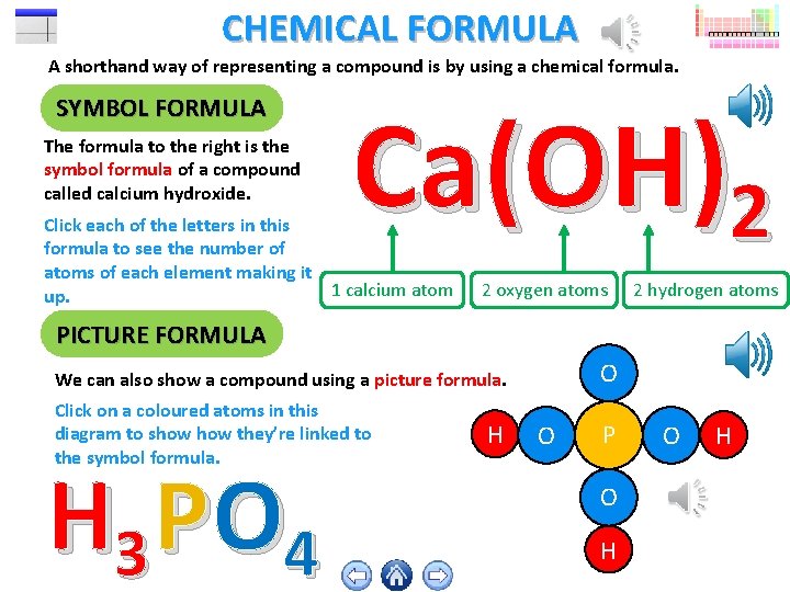 CHEMICAL FORMULA A shorthand way of representing a compound is by using a chemical