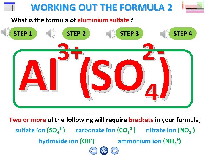 WORKING OUT THE FORMULA 2 What is the formula of aluminium sulfate? STEP 1 WORKING OUT THE FORMULA 2 What is the formula of aluminium sulfate? STEP 1