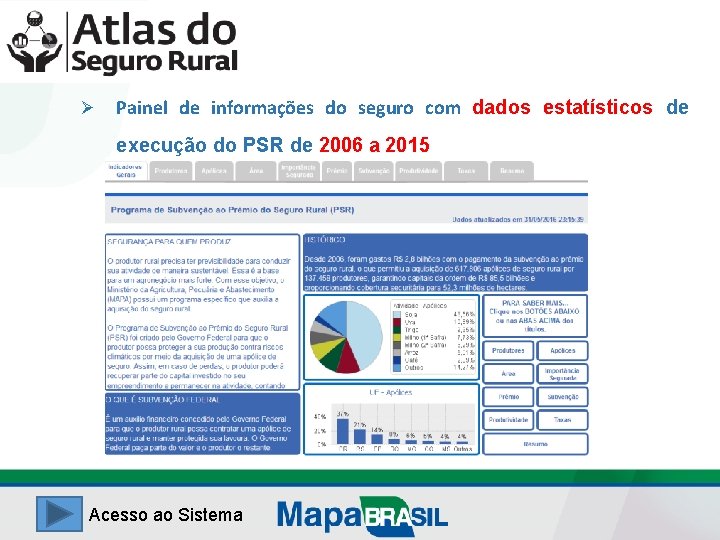 Ø Painel de informações do seguro com dados estatísticos de execução do PSR de