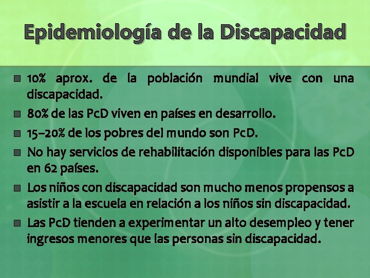 Epidemiología de la Discapacidad n n n 10% aprox. de la población mundial vive