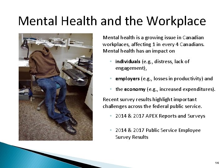 Mental Health and the Workplace Mental health is a growing issue in Canadian workplaces,