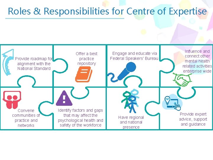 Roles & Responsibilities for Centre of Expertise Provide roadmap for alignment with the National