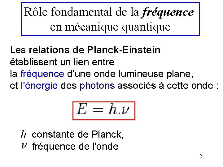 Rôle fondamental de la fréquence en mécanique quantique Les relations de Planck-Einstein établissent un