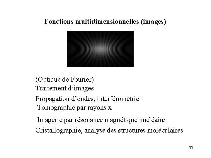 Fonctions multidimensionnelles (images) (Optique de Fourier) Traitement d’images Propagation d’ondes, interférométrie Tomographie par rayons