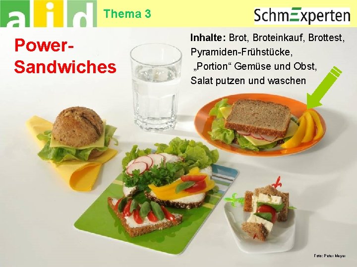 Thema 3 Power. Sandwiches Inhalte: Brot, Broteinkauf, Brottest, Pyramiden-Frühstücke, „Portion“ Gemüse und Obst, Salat