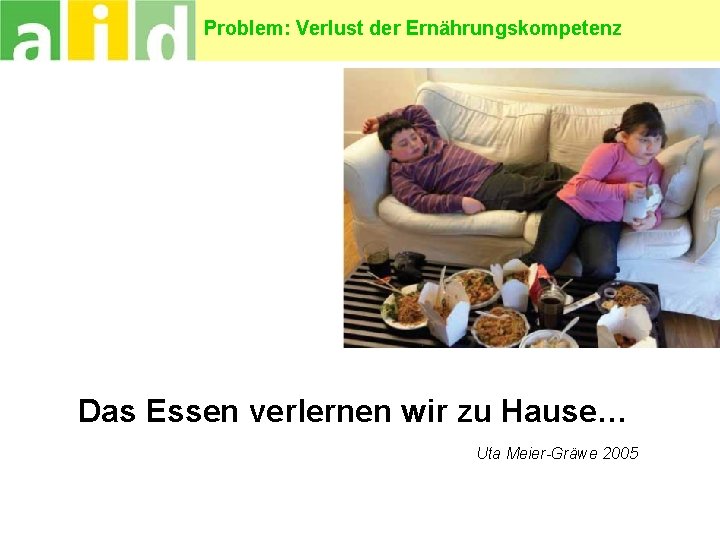 Problem: Verlust der Ernährungskompetenz Das Essen verlernen wir zu Hause… Uta Meier-Gräwe 2005 